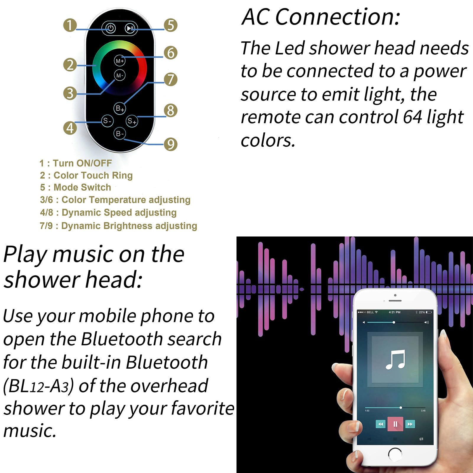 Cabezal De Ducha De Música LED Oro 58X38CM con Modos De Lluvia Y Cascada, Acero Inoxidable 304, Altavoz Bluetooth Integrado, Mando a Distancia De 64 Colores De Luz
