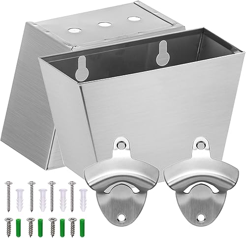 Abrebotellas de acero inoxidable para exteriores, 2 unidades, para montar en la pared, abridor superior de cerveza con tapa colector de cubo, Negro