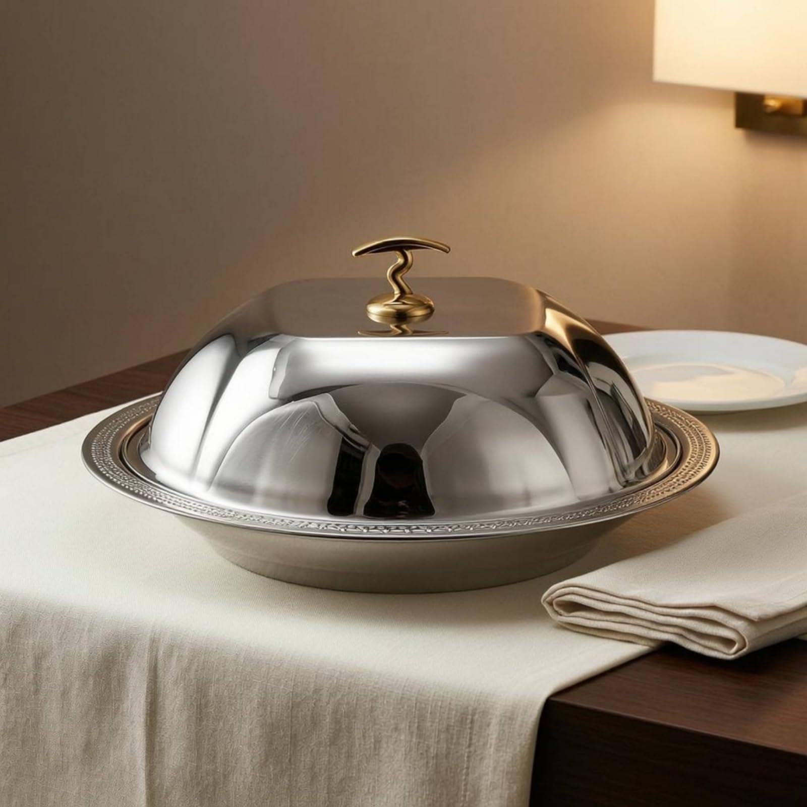 Coprivassoio da Portata Cupola per Servire Coperchio Vassoio Campana per Pietanze in Acciaio Inox Rifinito con Base Coordinata Adatto per Catering, Oro, 36cm