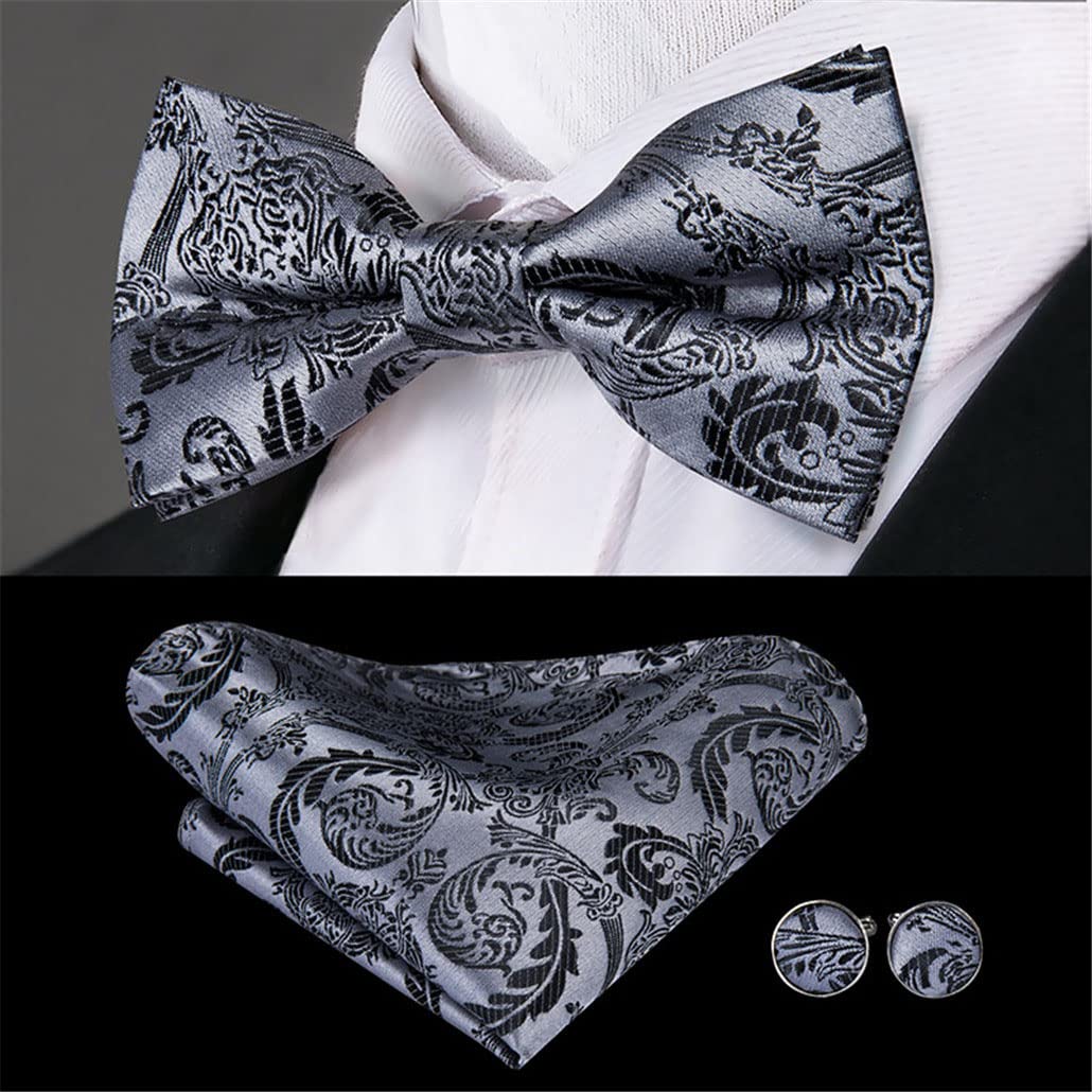 keusyoi Vintage Seide Herren Strapse Set Gold Floral Strapse und Fliege Set Leder Metall 6 Clips Strapse Hosenträger