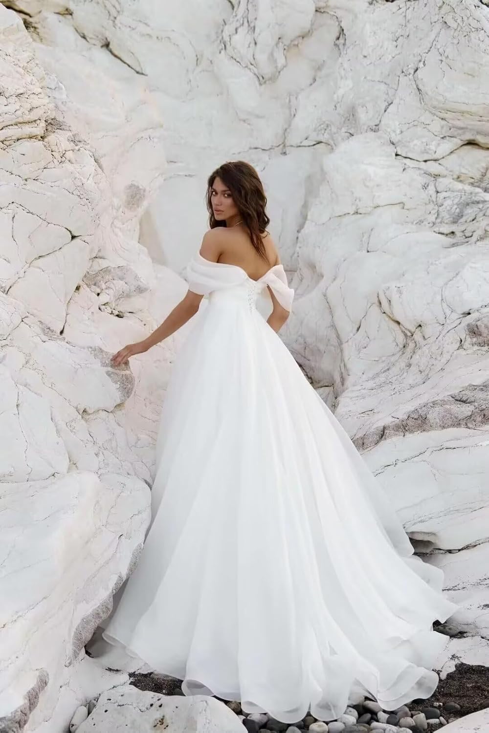 Off Shoulder Tulle Wedding Dresses for Bride Long Puffy Ruched A Line Prom Dress Ball Gown - Image 3