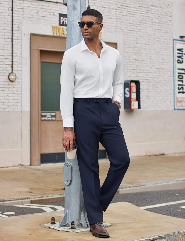 COOFANDY Mens Dress Pants Regular Fit Flat Front Pant Expandable Waist Casual Slacks Navy Blue by COOFANDY - Used condition - Image 3