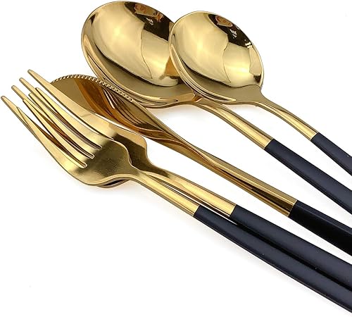 Miniatura 6 de Gugrida Juego de cubiertos de 10 piezas de acero inoxidable 304 con mango negro, tenedores dorados, cucharas, cuchillos, cubiertos pulidos con