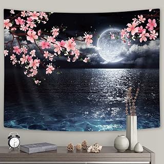 Ocean Moon Wall Hanging - Pink Cherry Blossom Japanese Anime Scenery Tapestry for Bedroom Living Room Decor - Artistic 71 x 60 Inches