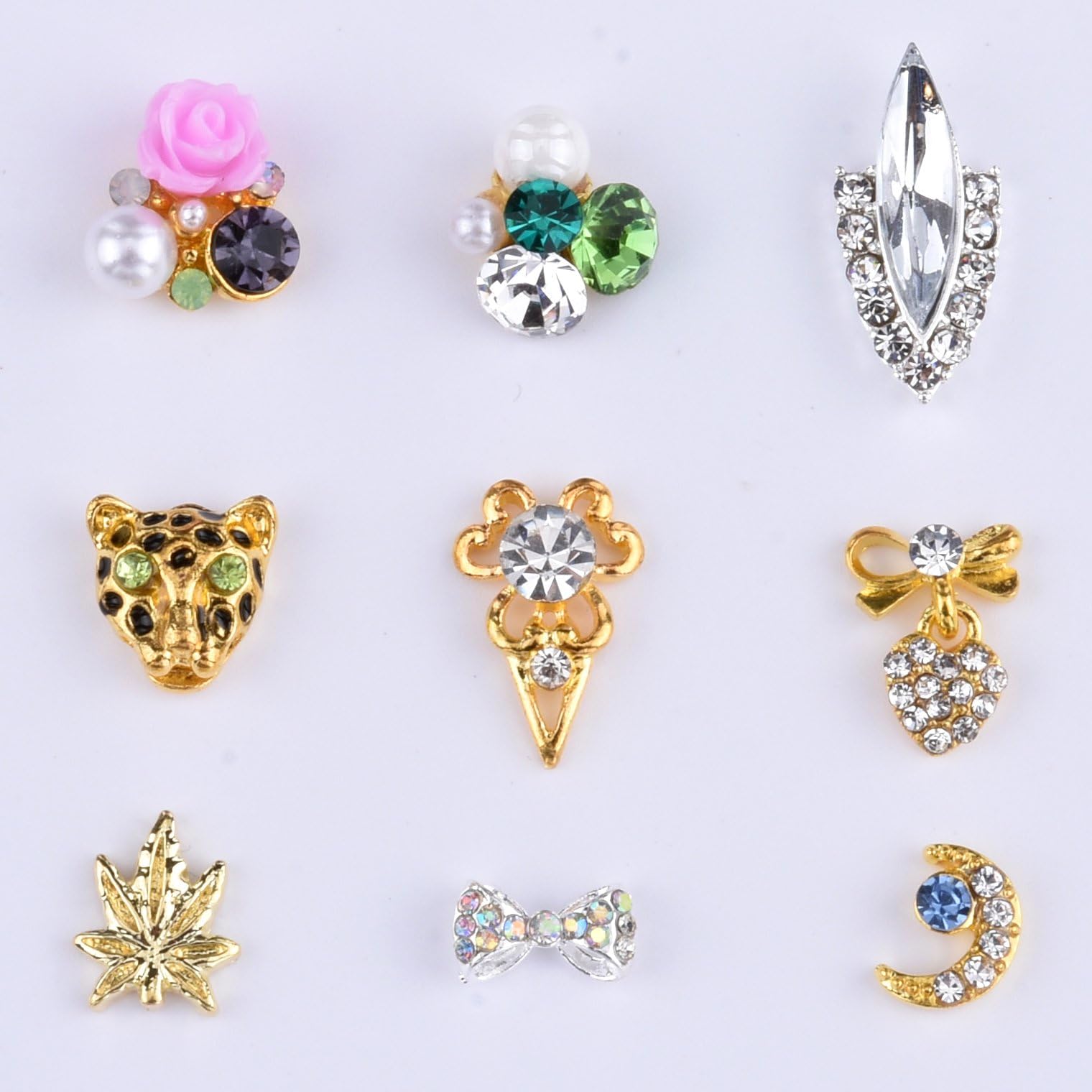 MIX New Design gold leaf charm Leopard Moon Rose flower For Nails Decoration Crystal Bow knot Heart pendant Nail Accessory Supplies 18pcs