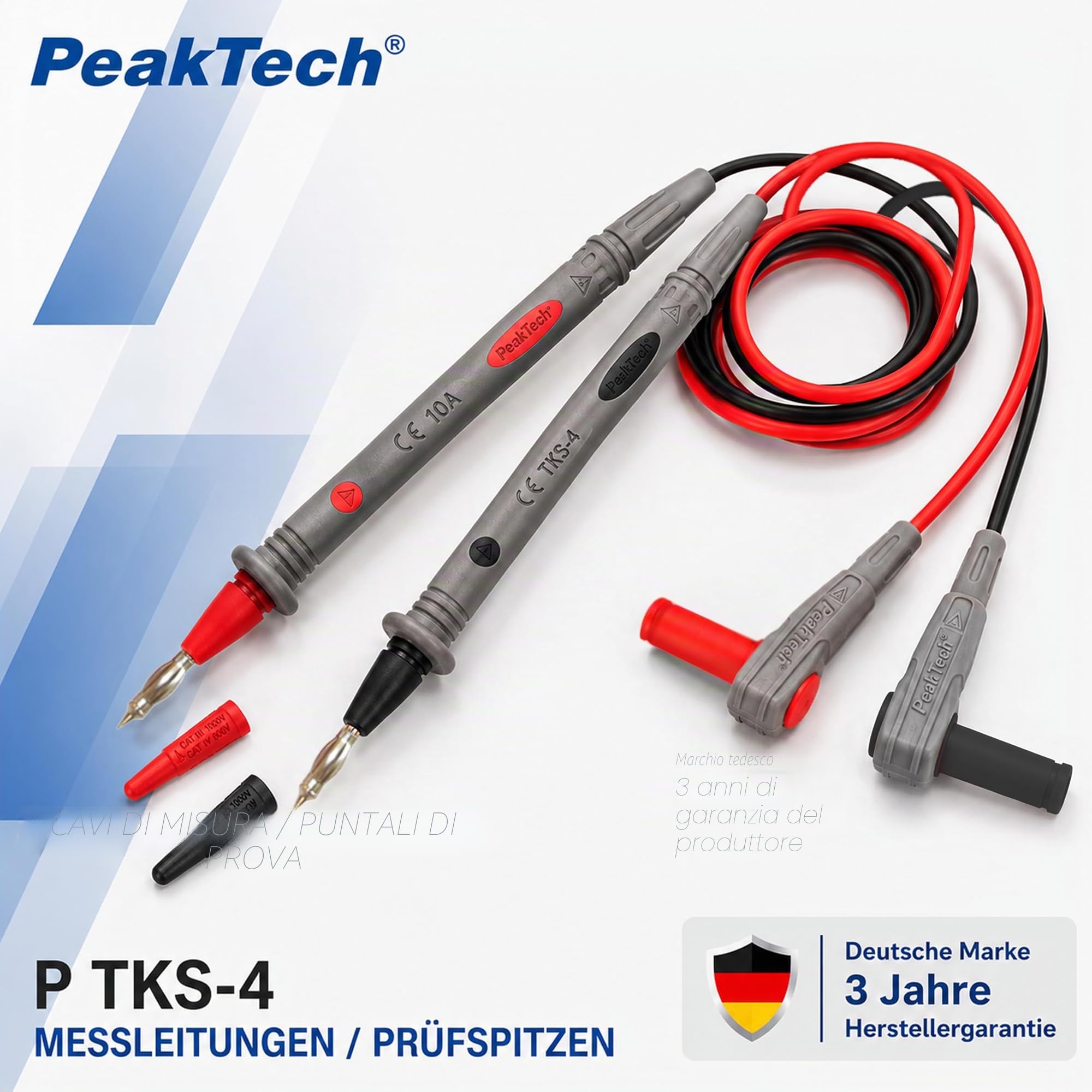Peak Tech 1 Coppia Puntali multimetro Flessibile 120 cm, sicurezza – test kit di cavi, 1000 V AC/DC, 10 a, Cat III/IV, 1 pezzi, TKS 4