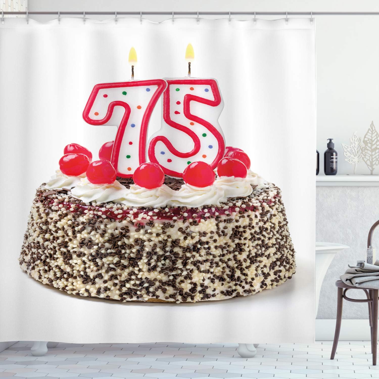 Ambesonne 75th Birthday Shower Curtain, Number Candles on a Delicious Cake with Cherries Happiness Theme, Cloth Fabric Bathroom Decor Set with Hooks, 69" W x 70" L, Multicolor