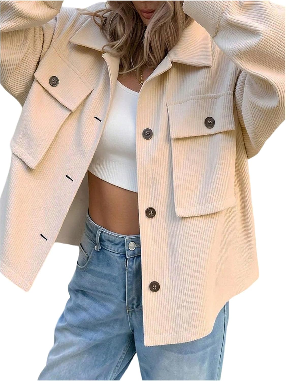 GORGLITTER Women's Button Up Corduroy Jacket Pocket Patched Long Sleeve Collared Coats - Image 4