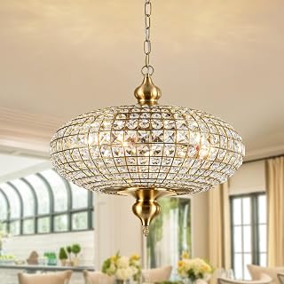 20" Antique Brass Crystal Chandelier, 5-Light Globe Pendant Light Fixture