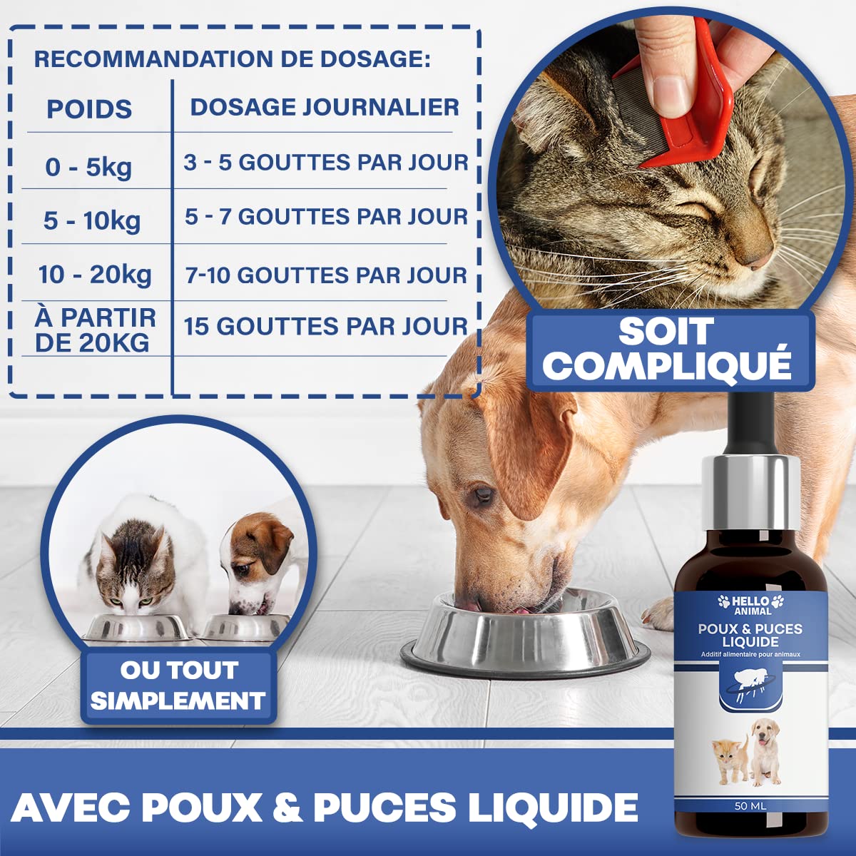 NOUVEAU : HelloAnimal POUX & PUCES Liquide pour chat et chien contre l’infestation parasitaire – combattre naturellement acariens poux & puces – EFFET IMMEDIAT ǀ 50 ml