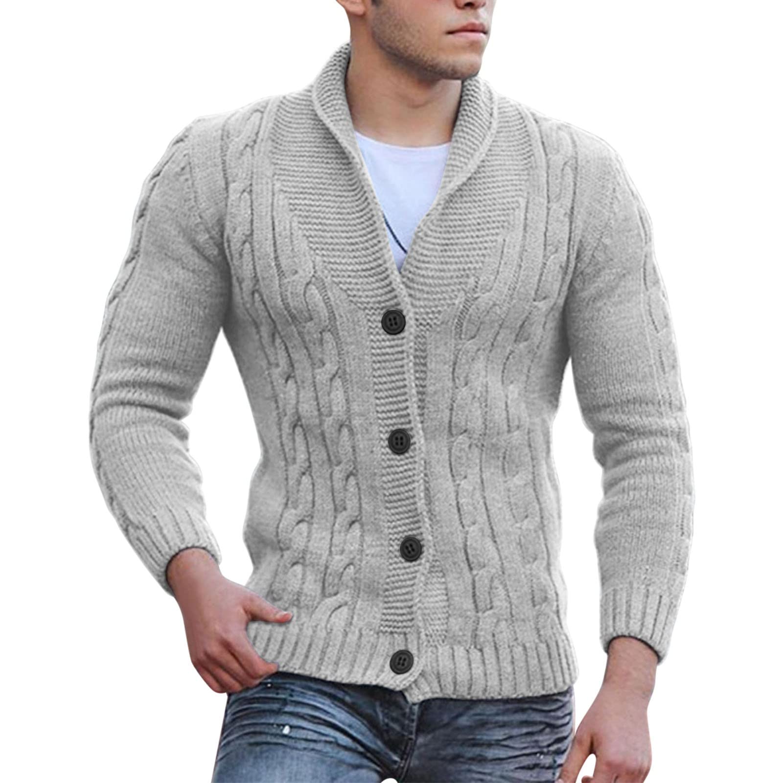 Mens Knitted Cardigan Thick Sweater V Neck Button Down Cotton