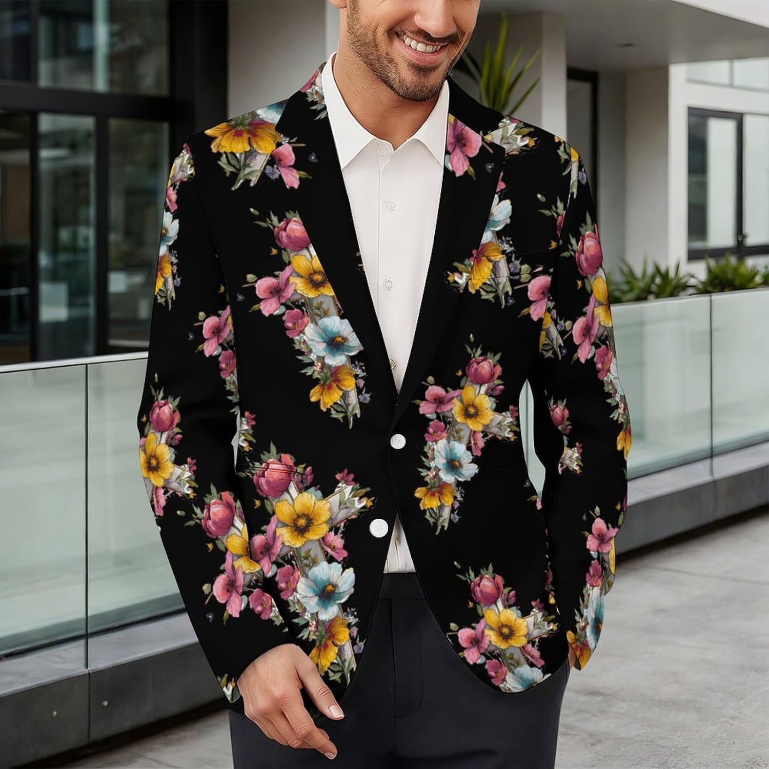 Flower Cross Suits Blazer for Men Buttons Jacket Coat Business 6X-Large