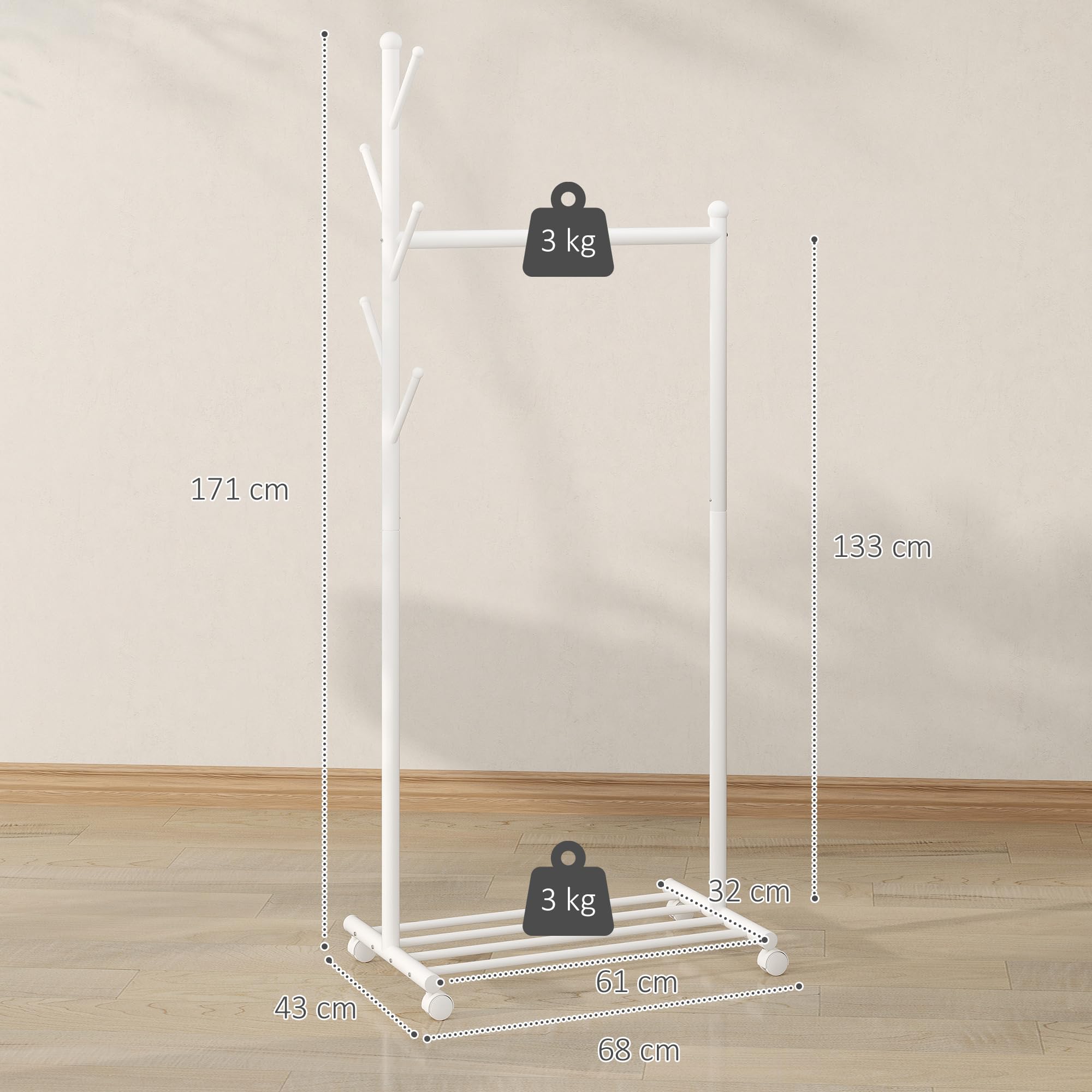 HOMCOM Appendiabiti da Terra con Ruote, Stender per Abiti con 5 Ganci e Ripiano Inferiore Porta Scarpe, per Camera, Ingresso e Corridoio, Bianco