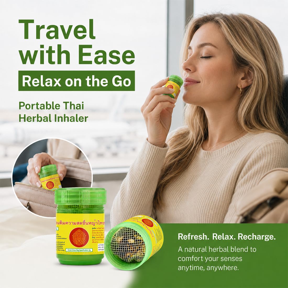 2 Pezzi Inalatore Thailandese, Inalatore a base di erbe Bottiglia verde, Ideale per la casa, l'ufficio o i viaggi