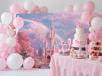 7x5ft Princess Castle Backdrop - Princess Backdrop for Girls Birthday, Rainbow Birthday Background, Royal Party Photo Booth Props