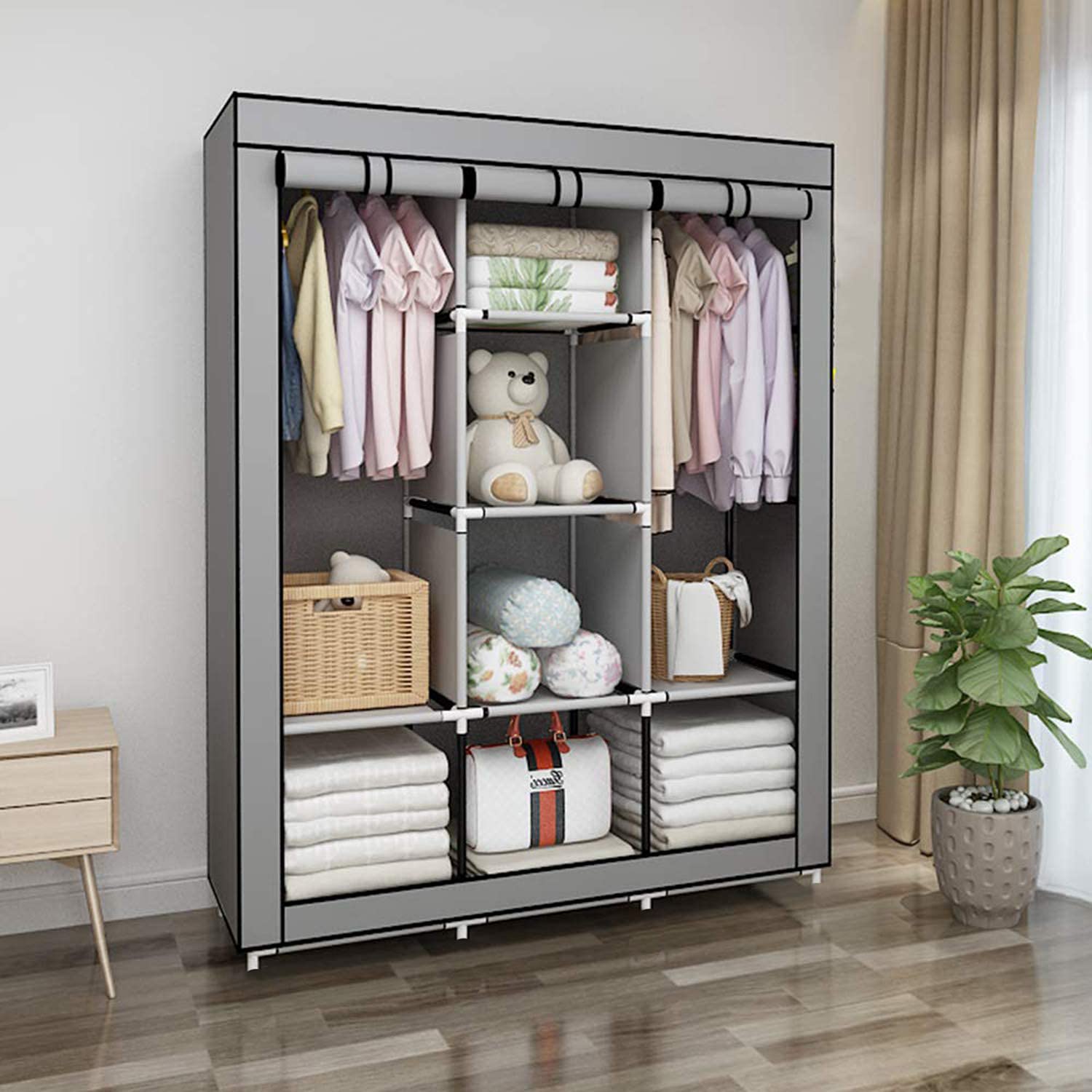 Ebee 6+2 Layer Fancy Collapsible Closet/Cabinet -Grey - Fabric, 145 Cm, 37 Cm