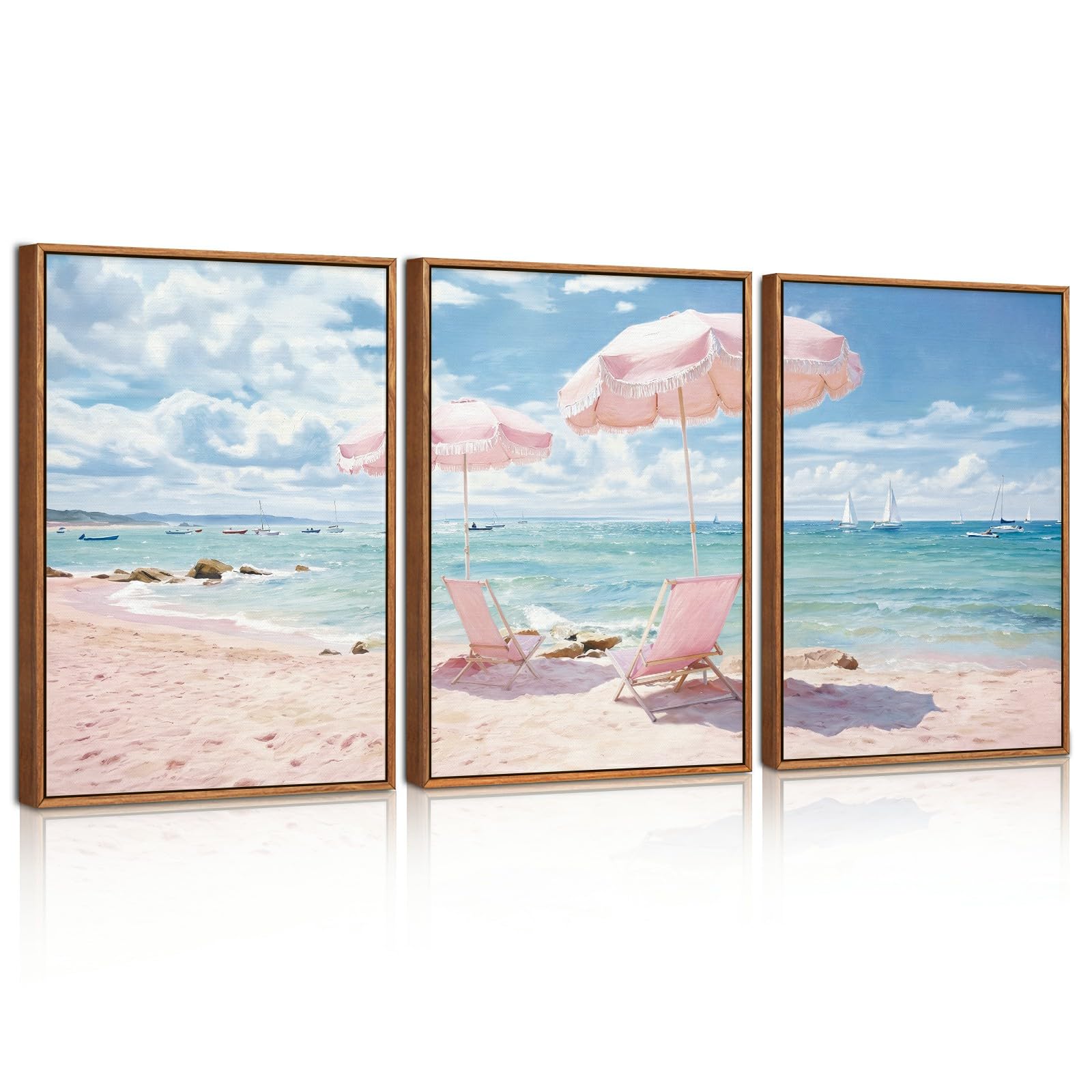 CHDITB Set of 3 Framed Beach Canvas Wall Art Soft Blush Pink Beach Canvas Print Nautical Landscape Decor Vintage Pink Parasol Sailboats Artwork for Living Room Bedroom Bathroom 30X40CM