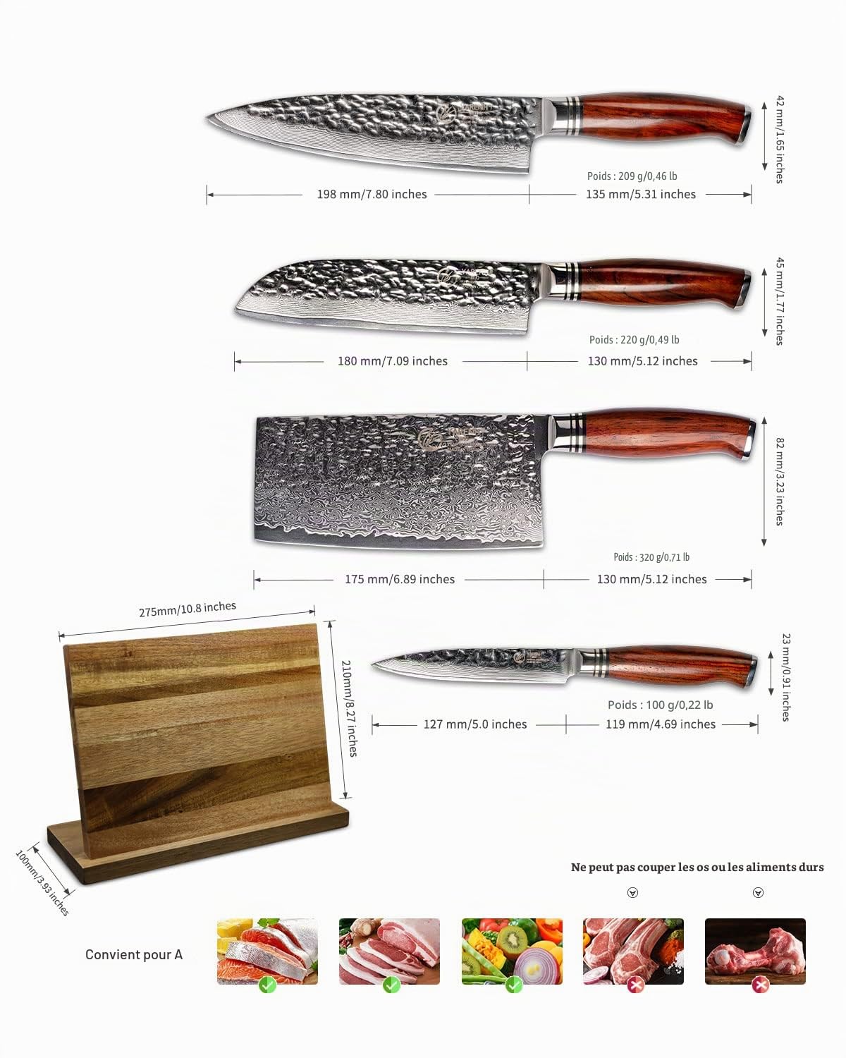 YARENH 5 Pièces Set Couteau Cuisine, Acier Damas 73 Couches Avec Poignée en Bois, Ensemble de Couteaux Professionnel Avec Bloc en Bois - Série HTT