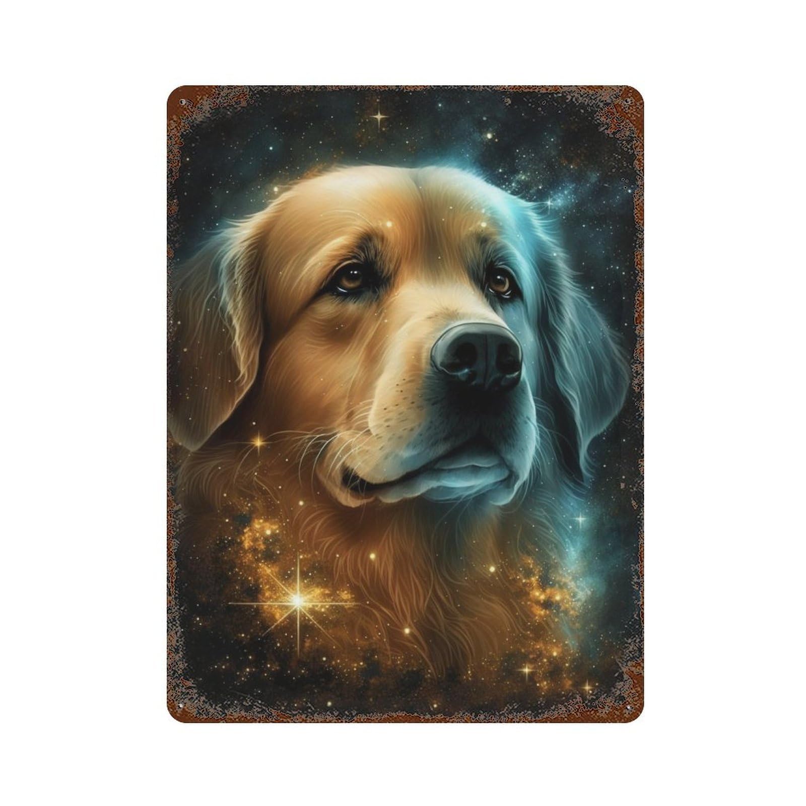 Golden Galaxy Pup Weathered Tin Sign 15.7"x11.8", Classic Wall Plaque for Garage, Bar And Workshop Decor