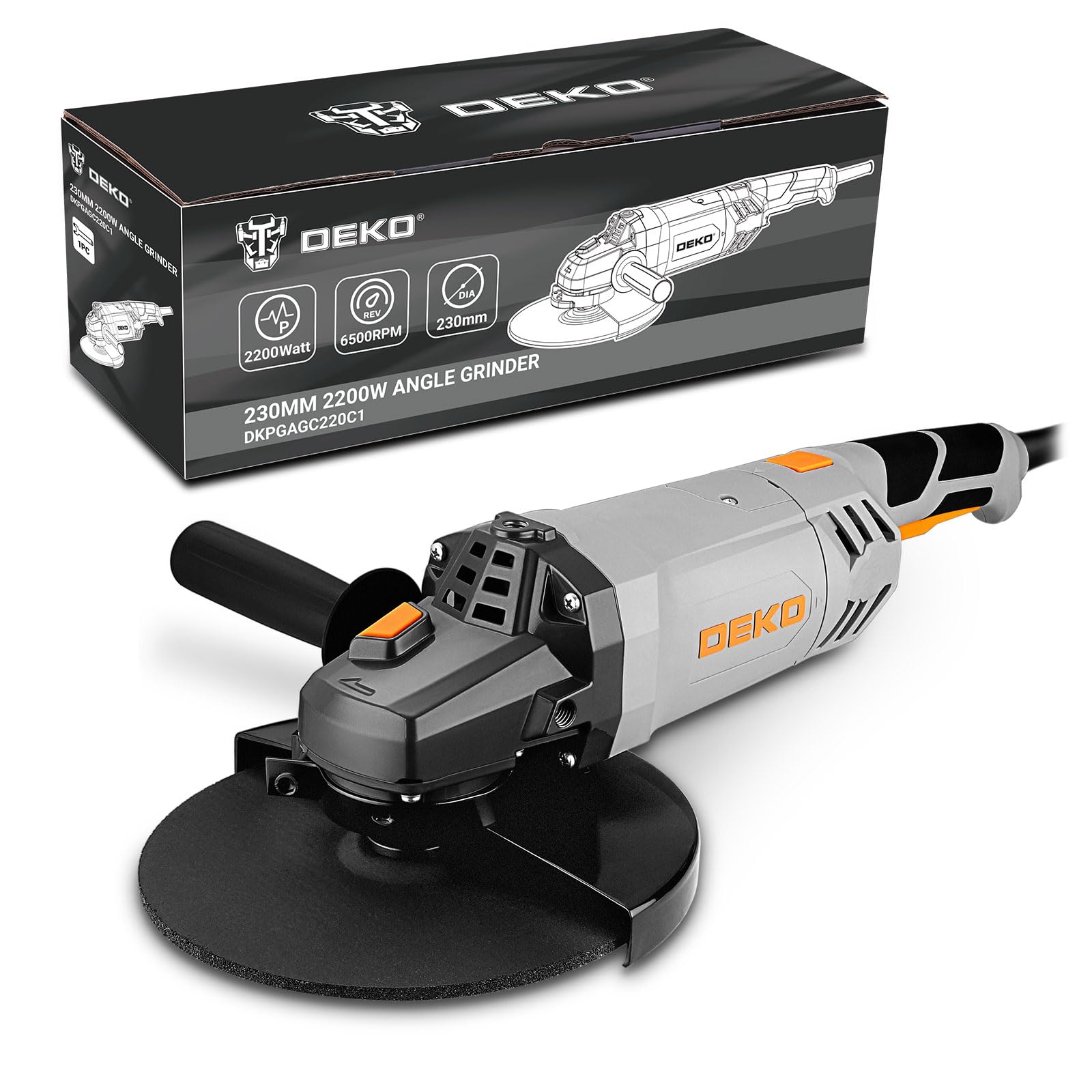 DEKOPRO Smerigliatrice Angolare: 230mm 2200W Smerigliatrice Angolare Elettrica con Cavo, Velocità 6500 RPM, per Tagliare, Lucidare e Smerigliare, con Manici Lunghi