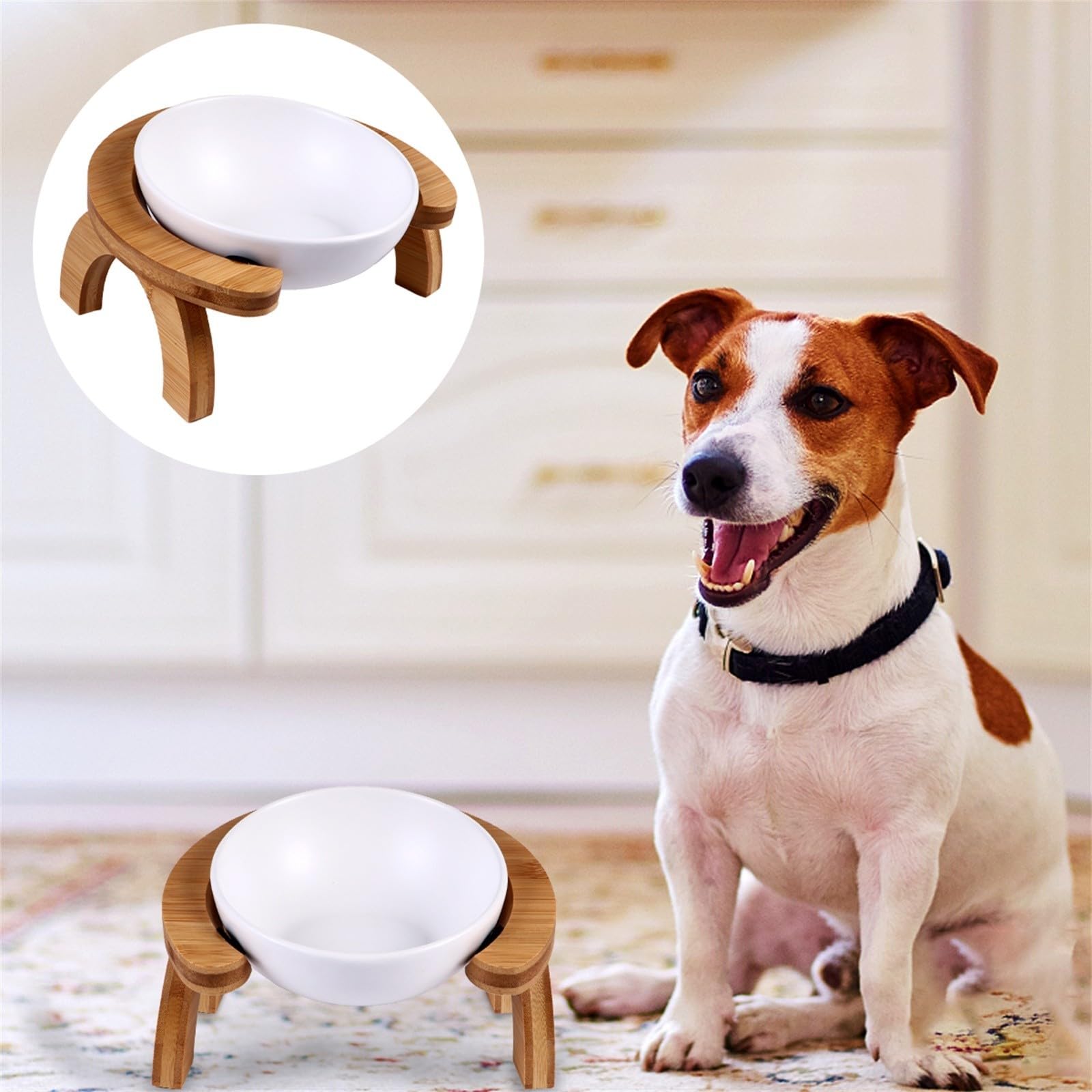 Comedero para Gatos Tazón para Mascotas Elevado Fácil de Limpiar Cerámica y Madera Soporte de Madera Blanco para Gatos y Perros en Casa y Tienda de Mascotas
