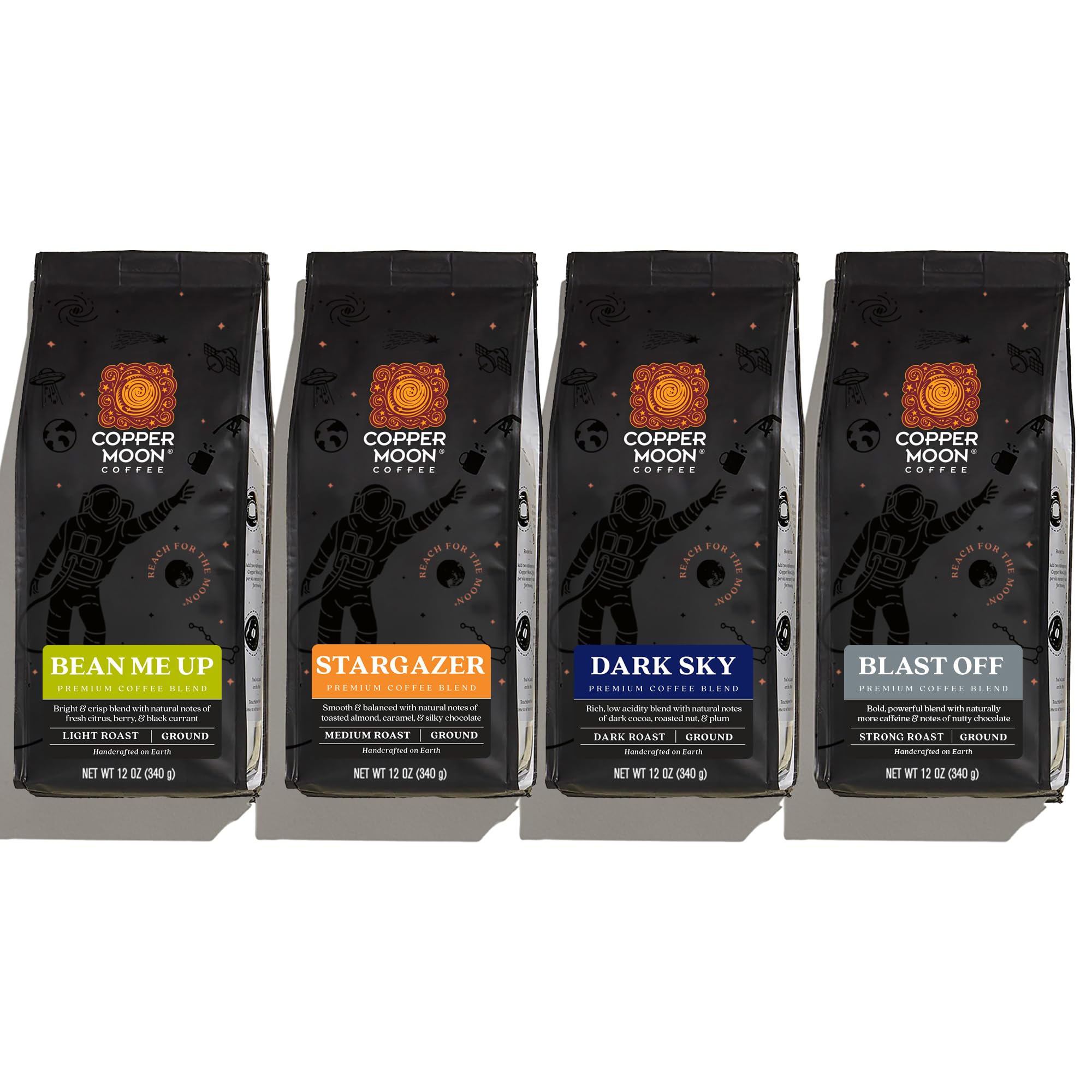 Coffee Out Of This World Variety Pack, Ground, 48 ounces (12 oz. each: Blast Off Blend, Bean Me Up Blend, Dark Sky Blend, Stargazer Blend)