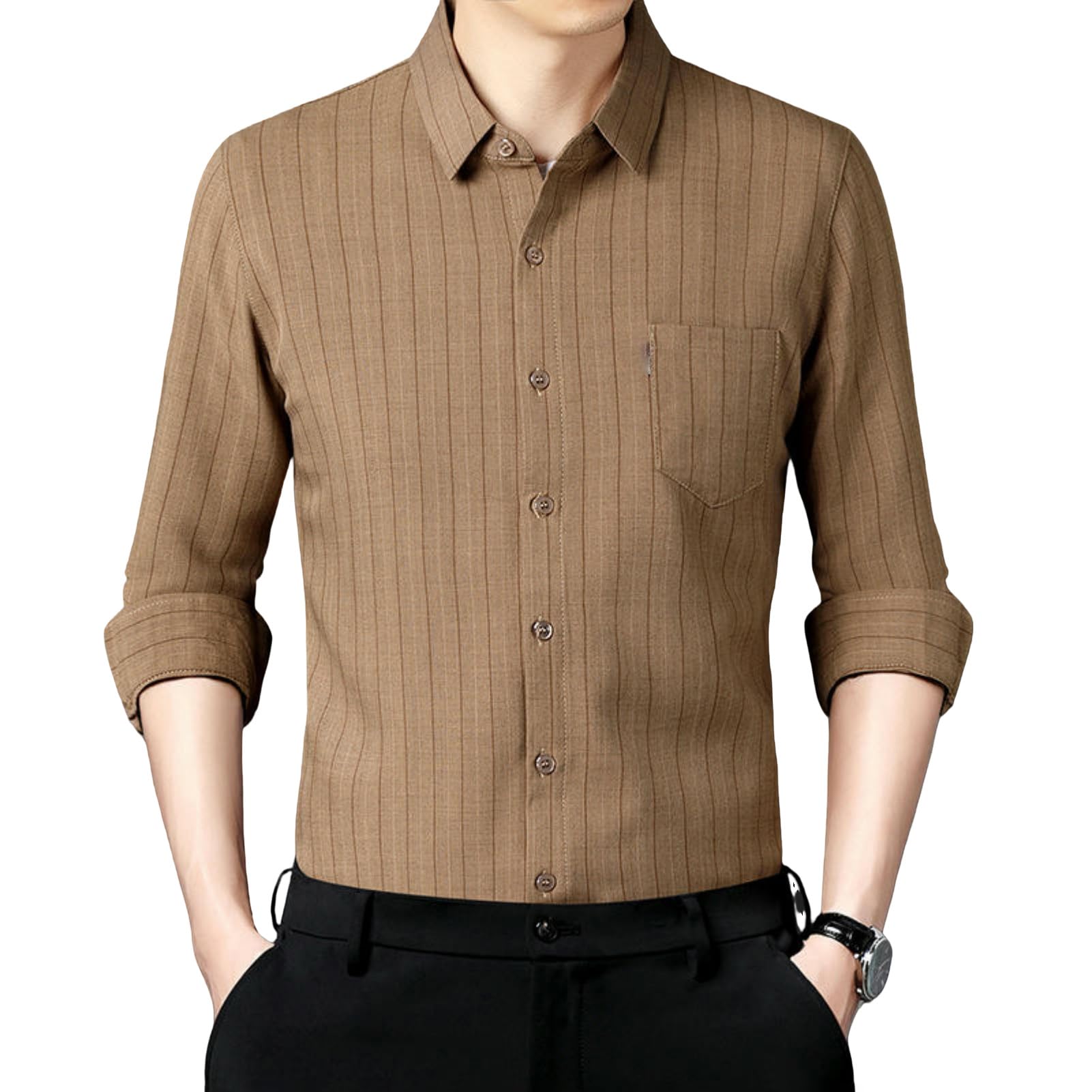Camicia da uomo a maniche lunghe con risvolto traspirante a righe in lino di cotone di mezza età primaverile