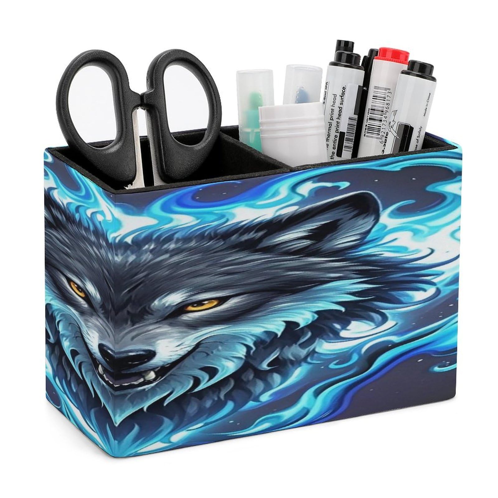 LZQPOEAS Wolf Head in Blue Flames Leather Pen Holder with 2 Compartments Luxury Pencil Holder Minimalist Pencil Cup Brush Scissor Holders Elegant Pen Cup for Office Home Desk Accessories