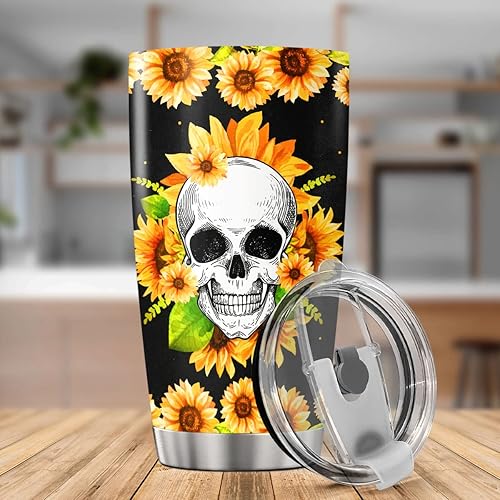 Miniatura 3 de Vaso de café personalizado con inicial de calavera, girasoles, taza de viaje con tapa con nombre personalizado, cita inspiradora, regalos de