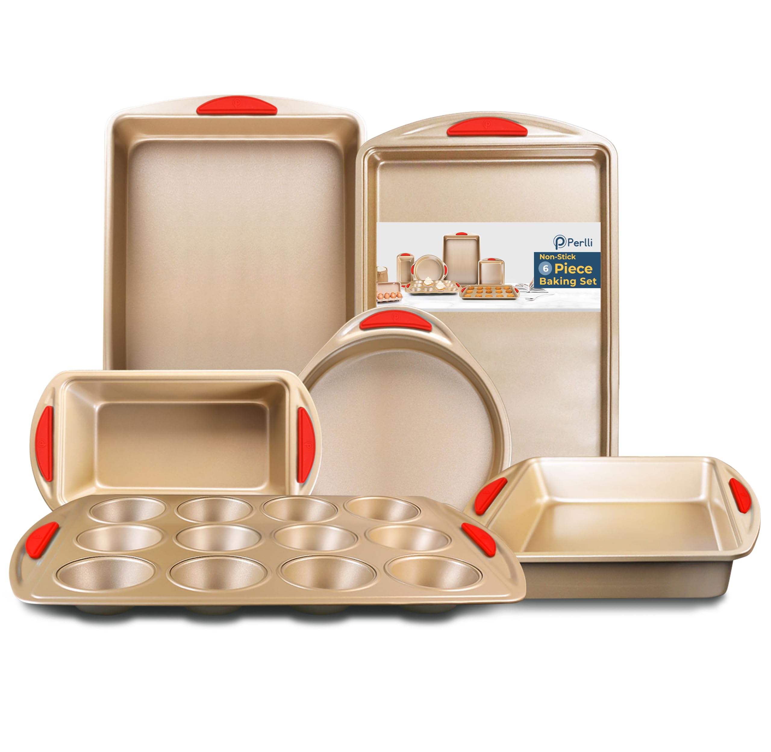 Baking Kit: Nonstick Gold Steel Oven Set - 6 Pieces, Round Cake Pan, Loaf Pan, Square Pan, Muffin Pan, Cookie Sheet, Roaster - Silicone Handles