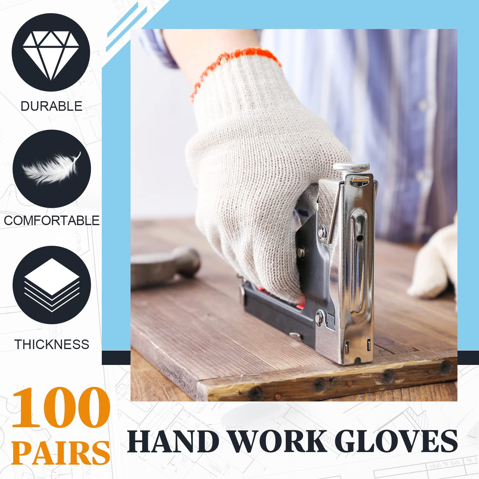 Sureio 100 pares de guantes de algodón para mano, forro de algodón, guantes de poliéster de punto de seguridad para barbacoa, hombres y mujeres (blanco)
