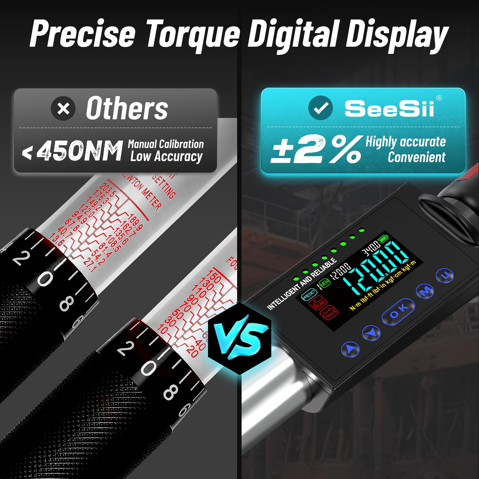 Seesii Llave dinamométrica digital, accionamiento de 1/2 pulgada (340 Nm), precisión de torque del 2%, ajuste de 3 velocidades, con luz LED y zumbador para mantenimiento del vehículo DH340