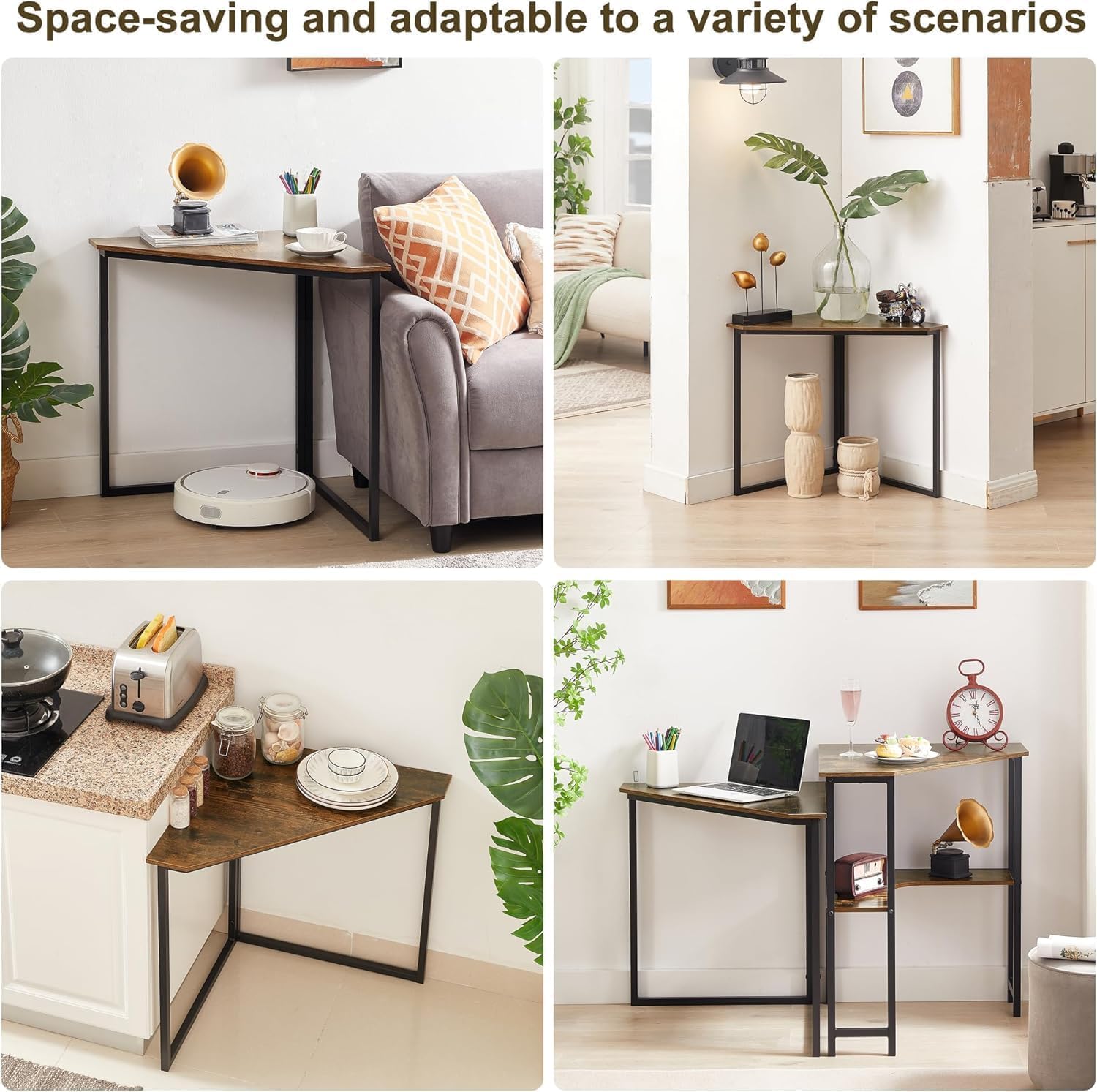 VECELO Ϲоrnеr Desk, Corner Tables for Living Room for Small Space Triangle Computer Desk with Steel Frame Ϲоrnеr Shelves with Metal Frame Ϲоrnеr Writing Desk for Workstation Retro Brown 33.1"