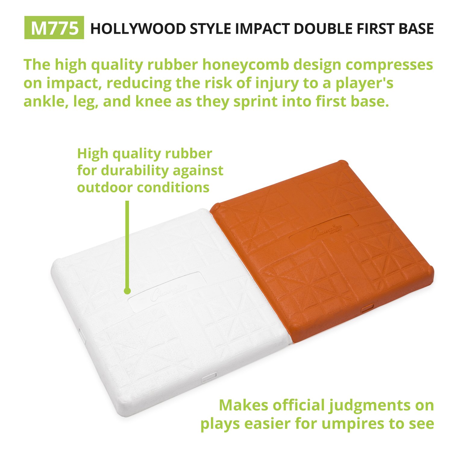Champion Sports Hollywood Style Impact Double First Base - Solid One Piece Molded Construction - Rubber Double First Base - Ground Anchors Not Included,Orange
