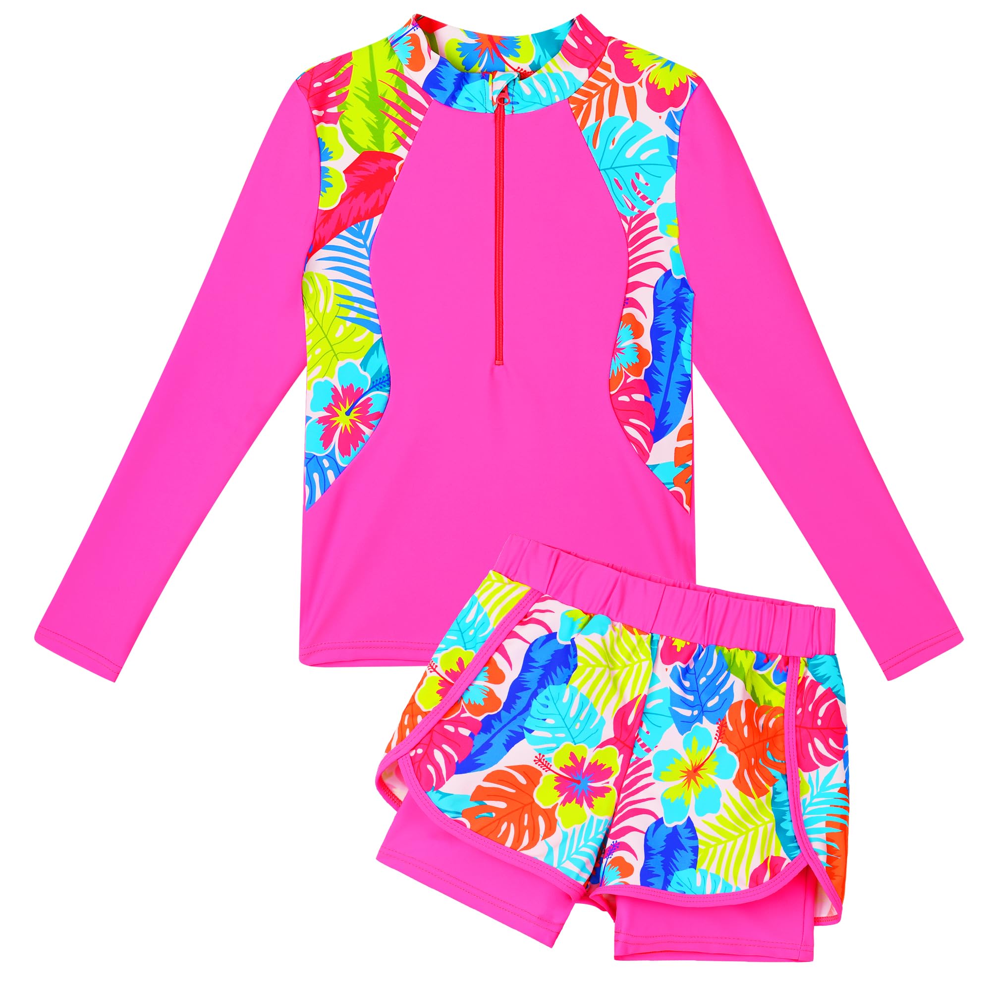 TFJH E 2PCS Girls Long Sleeve Swimsuit UV 50+ Rashguard Tankini Set Kids Swimwear Zipper 3-12Y