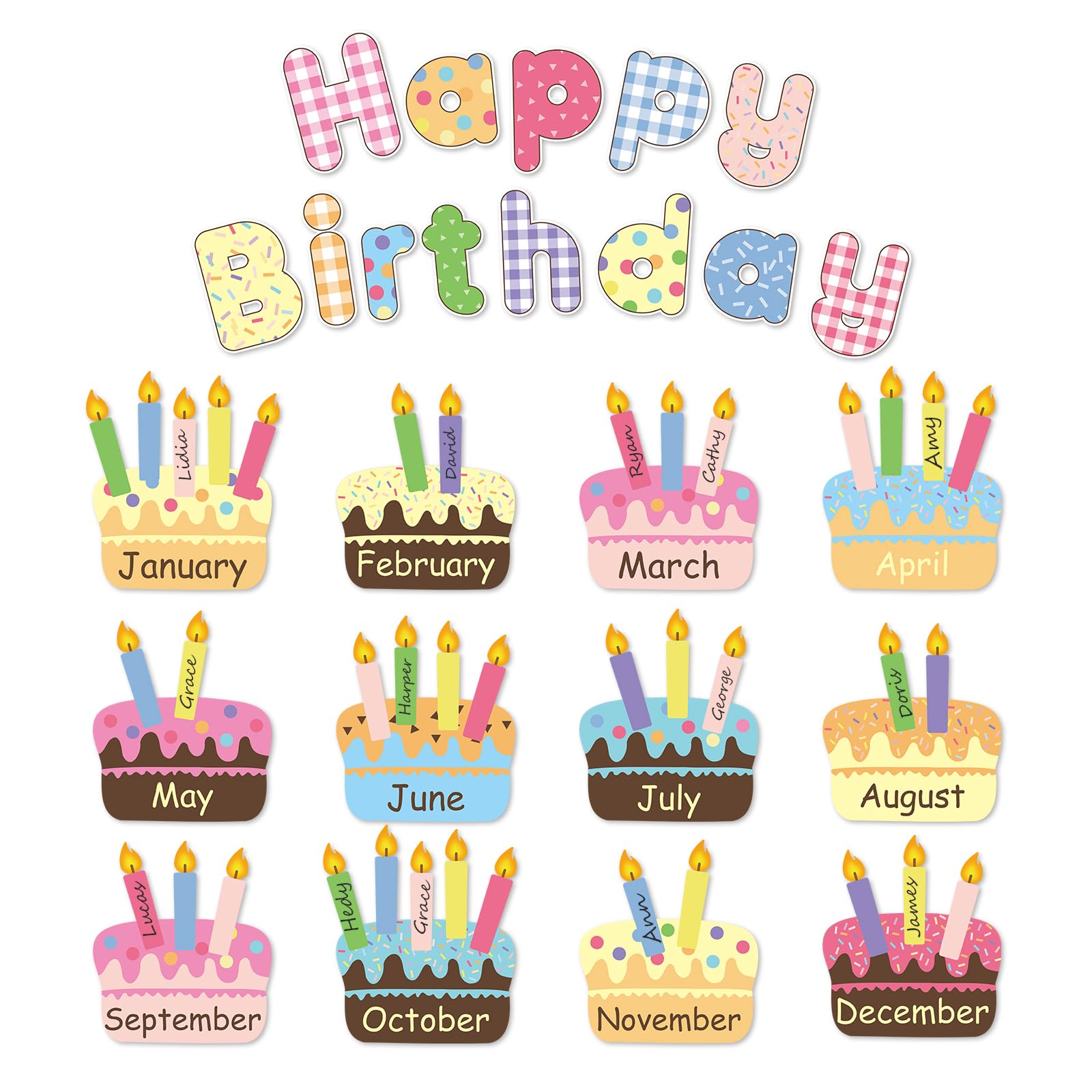FYSUIMU 67 Pcs Happy Birthday Bulletin Board Decoration Set Birthday Cake Cutouts Back to School Paper Cutting with Glue Points for First Day of School Party Classroom Wall Calender