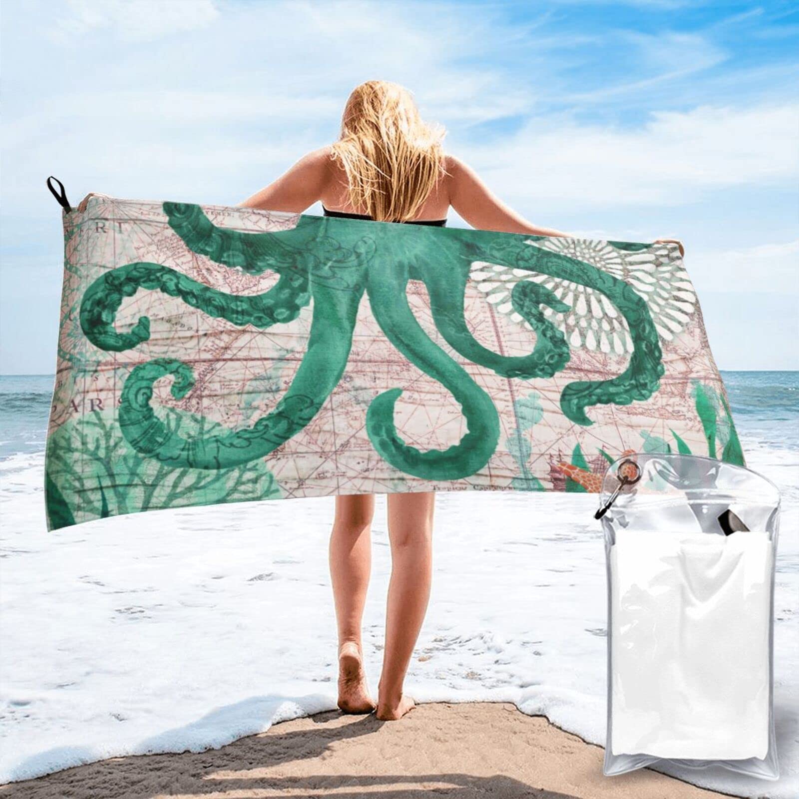 Lawenp Old Nautical Map and Sea Animal Microfiber Beach Towel Adults Large Quick Drying Bath Towel Travel Towels with Pouch 31.5"x63"