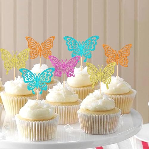 Miniatura 5 de Paquete de 24 adornos de mariposa para cupcakes ensamblados con diseño de mariposa, baby shower, boda, compromiso, despedida de soltera, para niños,