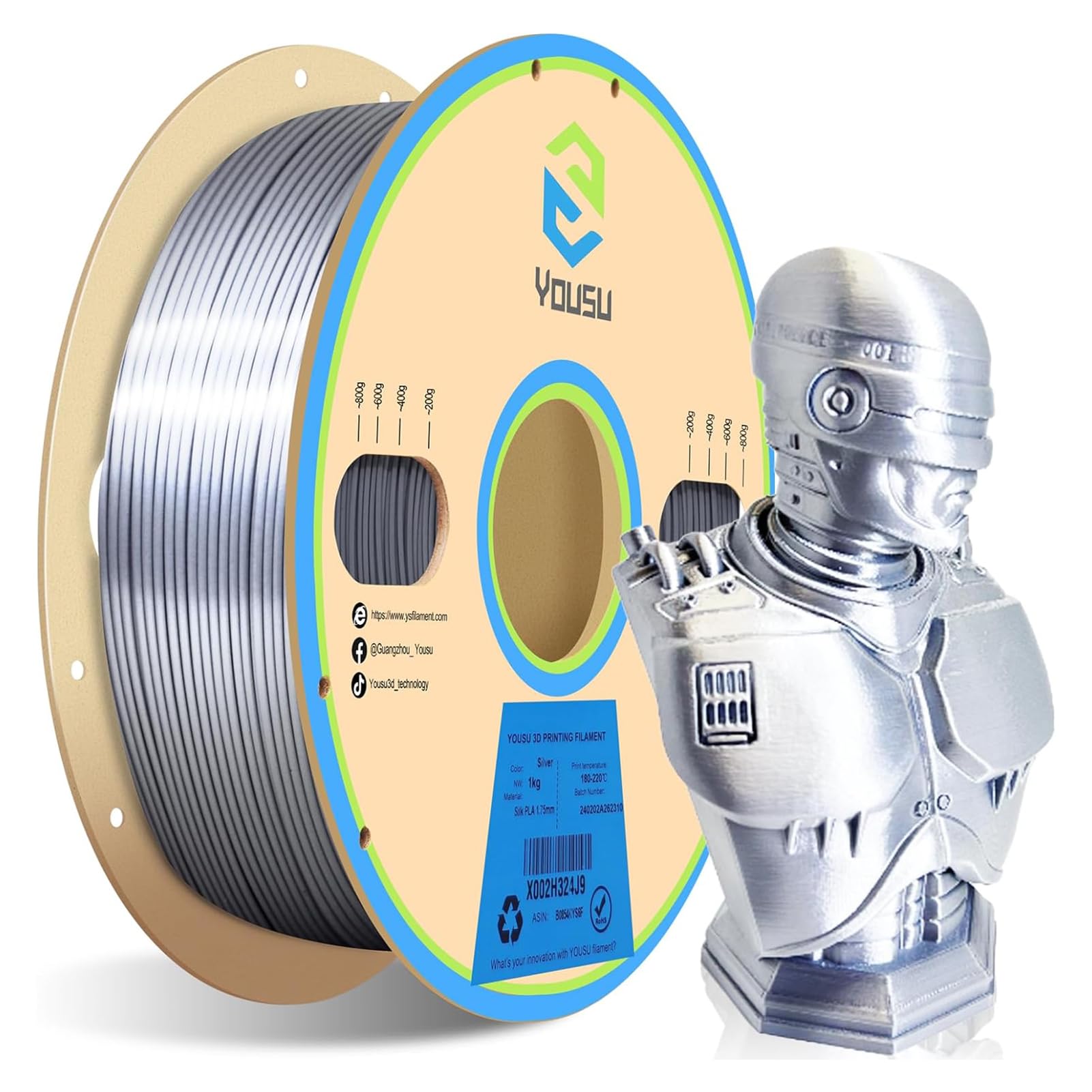 YOUSU PLA-Filamentseide für 3D-Drucker, goldenes Seiden-PLA-3D-Druckerfilament, 1,75 mm Maßgenauigkeit / 0,03 mm, metallisch glänzende Oberfläche mit vakuumversiegelter (Silber)