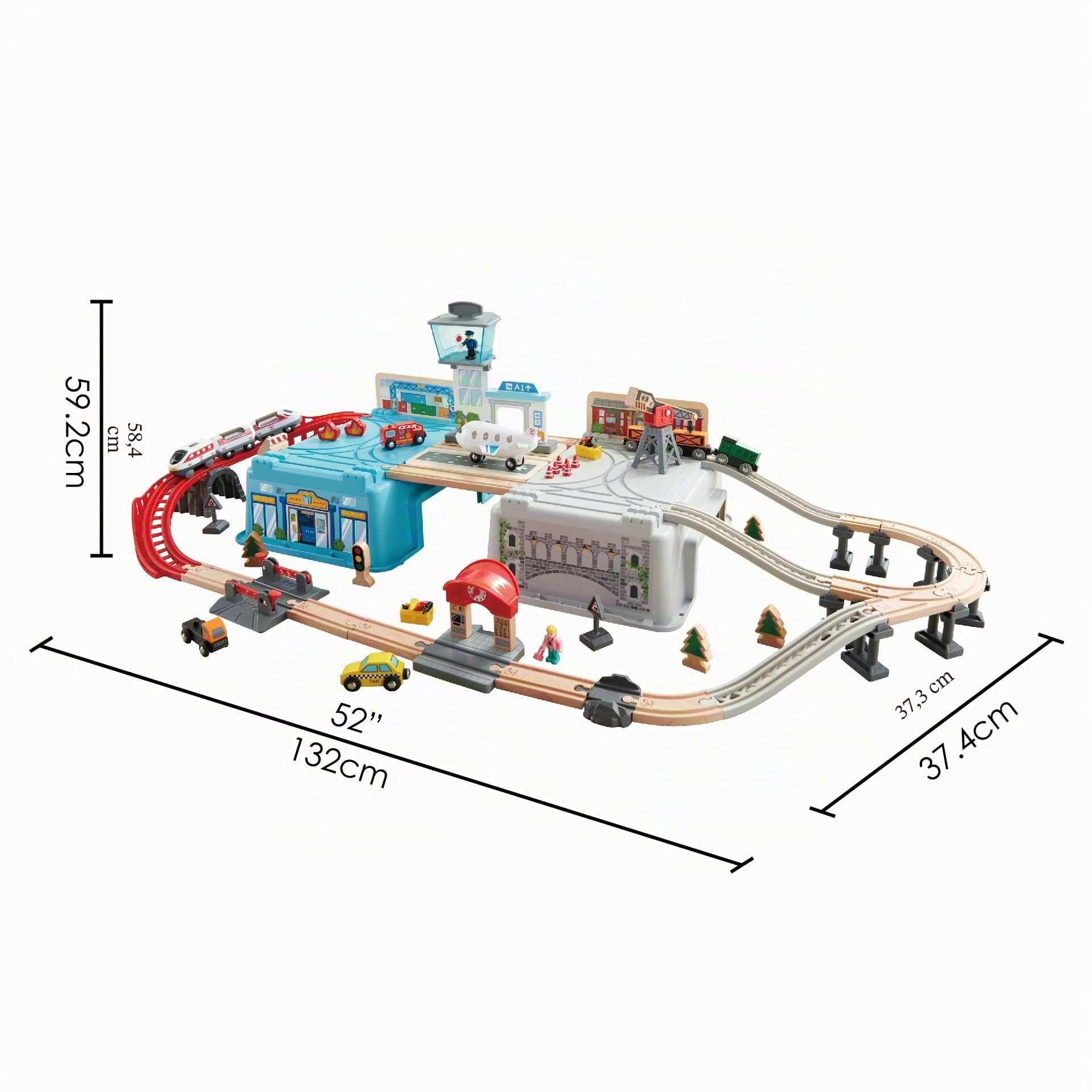 Hape Set Mega Metropoli - Ferrovia da 80 pezzi con trenini, gru, personaggi e scatola multiuso per gioco di ruolo bambini dai 3 anni