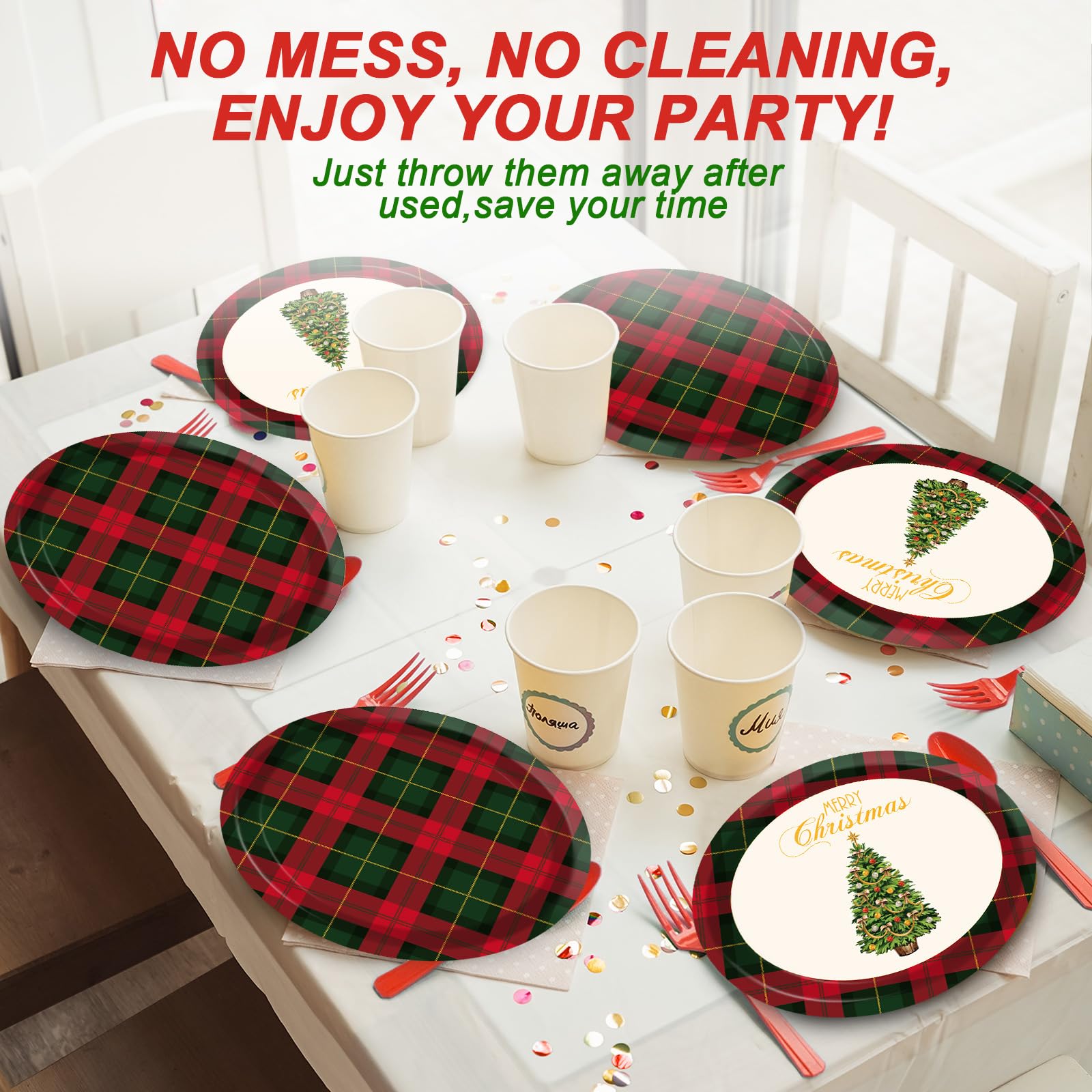 50 platos de papel ovalados de Navidad rojo y verde a cuadros grandes de 11 pulgadas, desechables, decoraciones de fiesta temática de Navidad, suministros de Navidad, regalo para reuniones, cena,