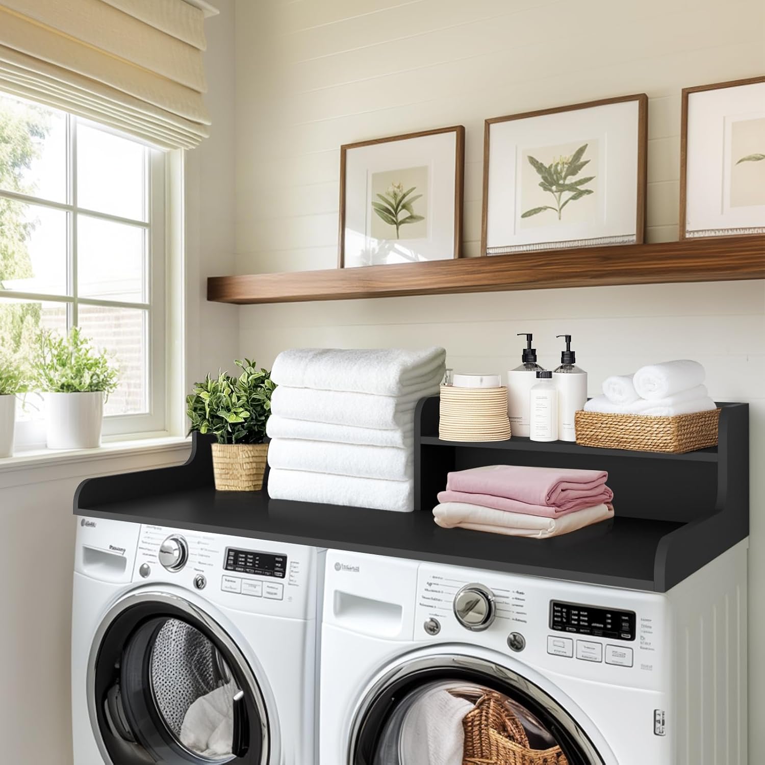 Kaboon Washer Dryer Countertop 2 Tier 58 inches Wide, Laundry Shelf Topper with Edge, 58" W x 28" D x 12" H Laundry Space Organizer, Black