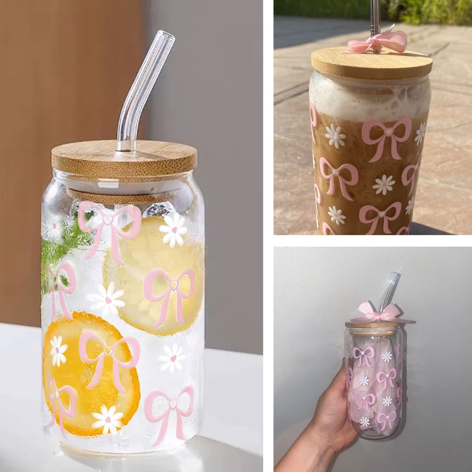 Bicchieri Vetro Coquette Con Fiocco Rosa - Set 473 Ml Con Cannucce E