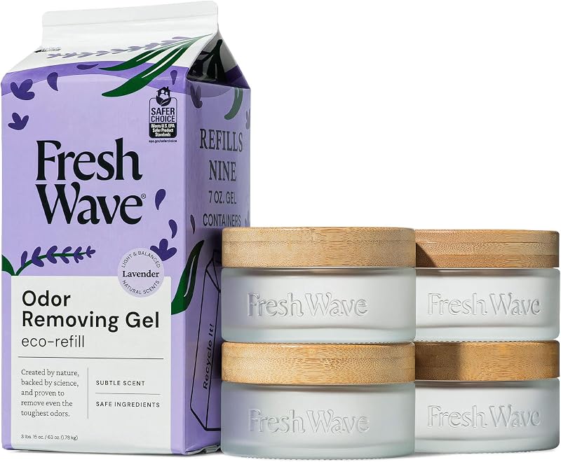 Gel Removedor de Odores Fresh Wave com Potes de Vidro Reutilizáveis e Refil, Lavanda, 4 Potes e 1,79 kg