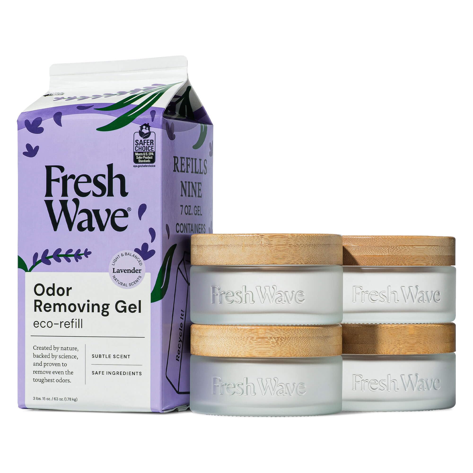 Fresh Wave Odor Removing Gel 4-Pack Glass Jar &amp; 63oz Refill, Lavender