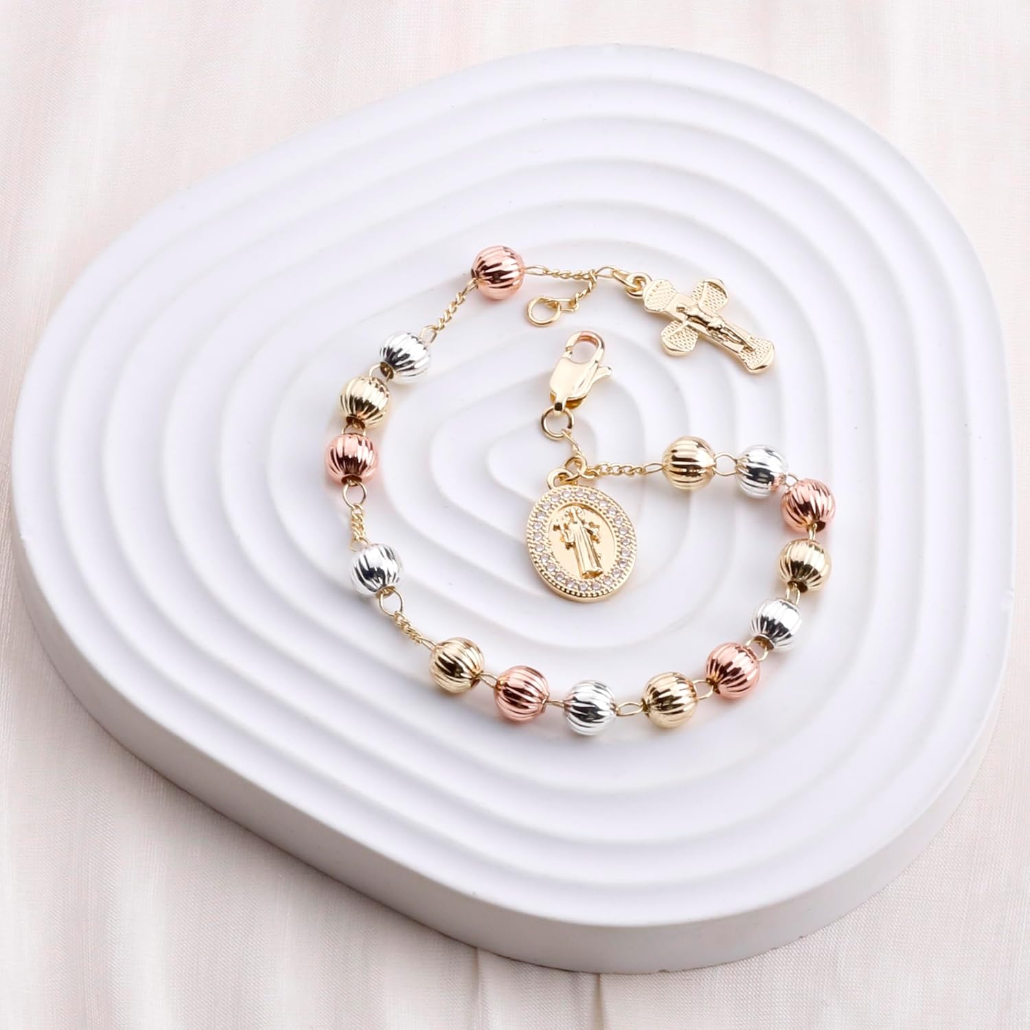 6mm Gold Plated Beads Catholic Guadalupe Crucifix Charm Rosary Bracelet for Women with Gift Box