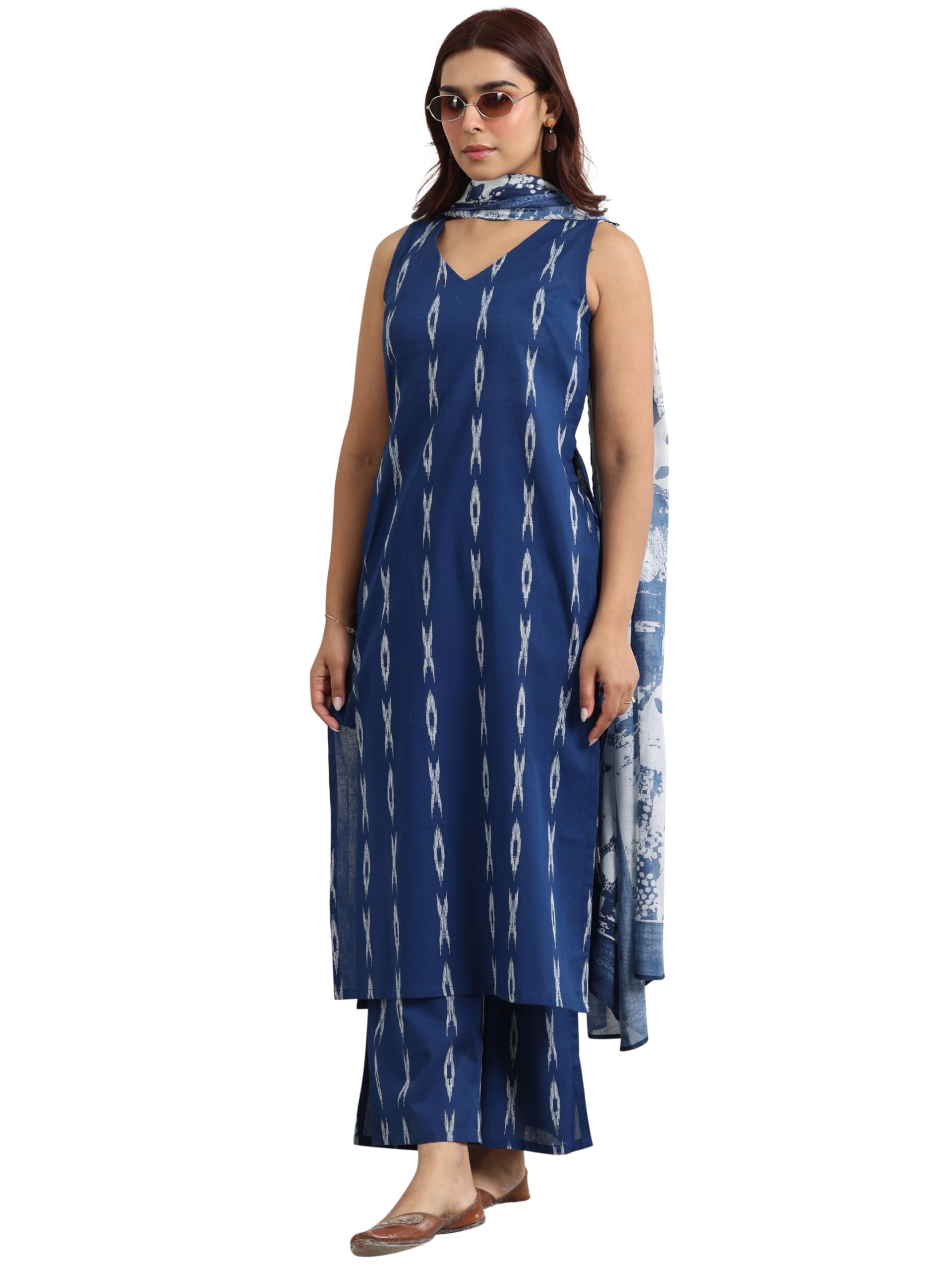 Woven Design Cotton Blend Straight Kurta With Palazzos and Dupatta