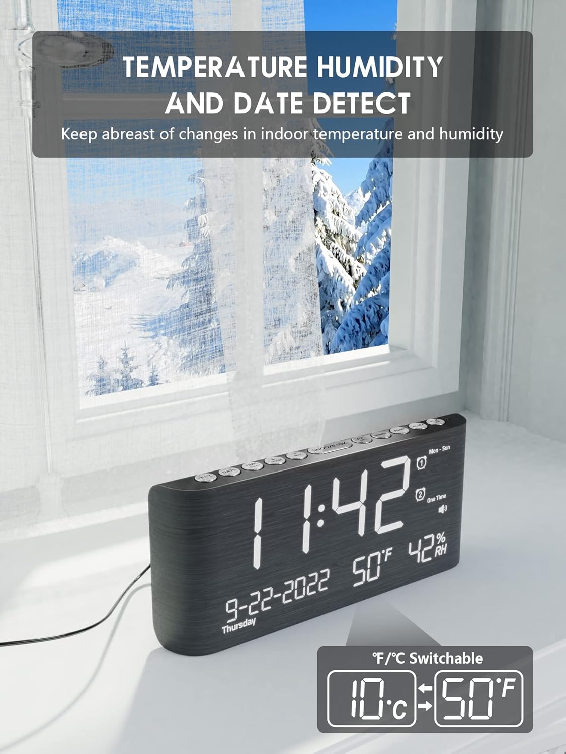 Roxicosly Digital Wooden Alarm Clock displaying indoor temperature and humidity, with a window showing an outdoor winter scene.