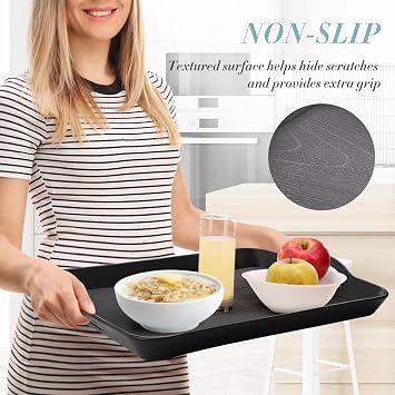 Black Serving Trays with Handles, 16 x 11 inch Rectangular Non Skid Multi-Purpose Plastic OttomanTray for Restaurant, Parties, Coffee Table, Kitchen
