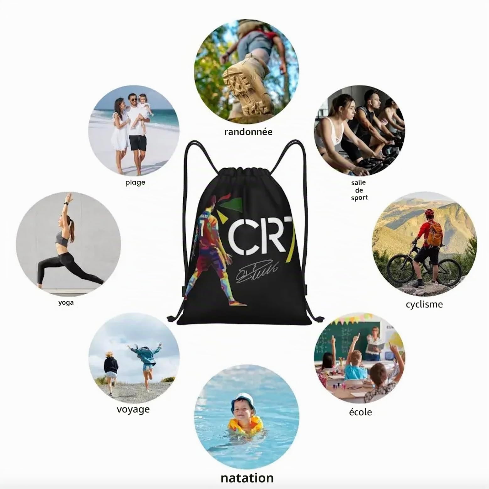 EZB Football Legend Ronaldo CR7 Sac 36 x 30 cm | Dos | Multi-usage : kits de sport, polyéthylène, gym, déjeuner, vacances, plage, sac à pompe de football